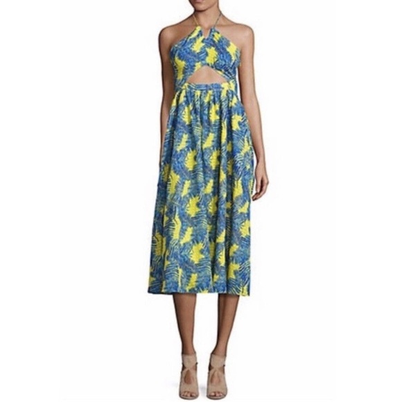 TANYA TAYLOR Palm Print Blue Yellow Halter Cutout Midi Dress 2 - Picture 1 of 10